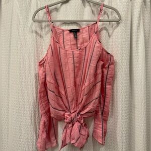 DREW Open Shoulder Knot Front Cropped Pink Blouse with Metallic Stitching-Size S